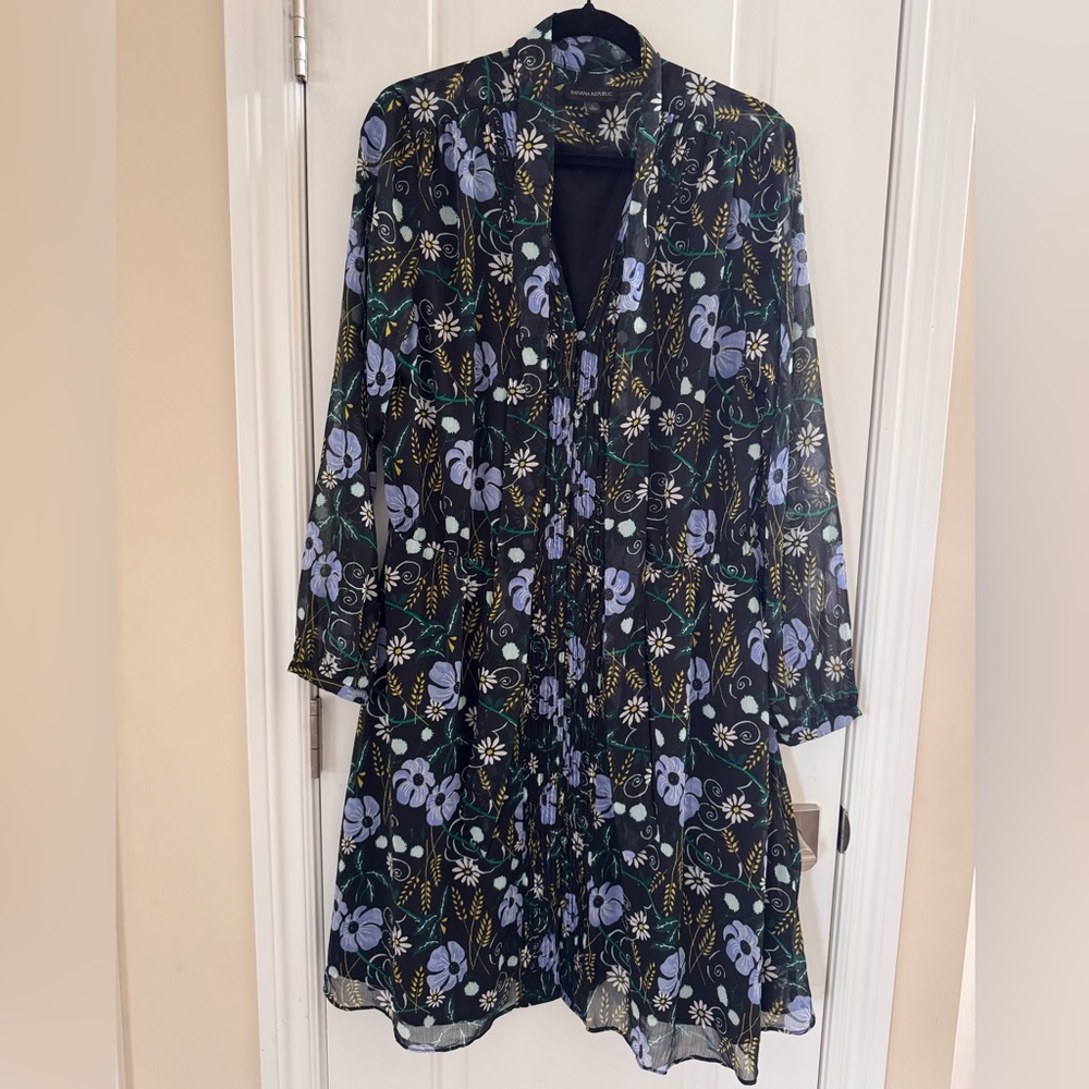 Banana Republic Dark Floral Chiffon Tie-Neck Mini Dress L blue Whimsy Moody Fall